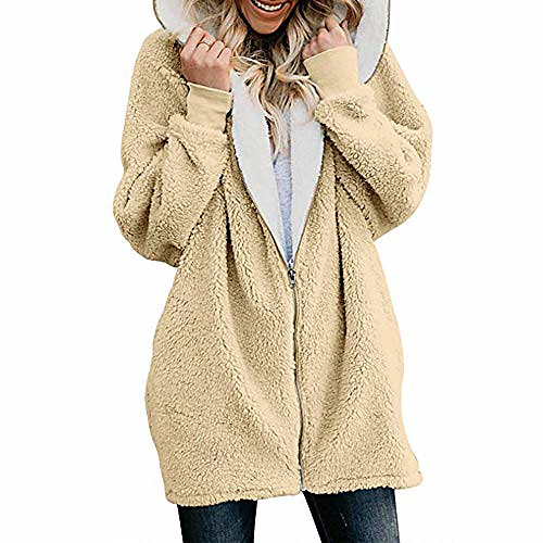 

fashion women's hooded fluffy coat winter solid oversized zip down cardigans outwear with pocket