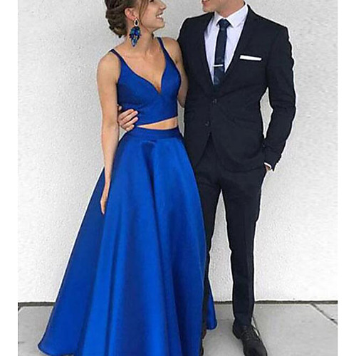 

Two Piece Minimalist Elegant Wedding Guest Formal Evening Dress V Neck Sleeveless Floor Length Satin with Sleek Pleats 2021