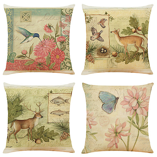 

Set of 4 Art Garden Linen Square Decorative Throw Pillow Cases Sofa Cushion Covers 18x18