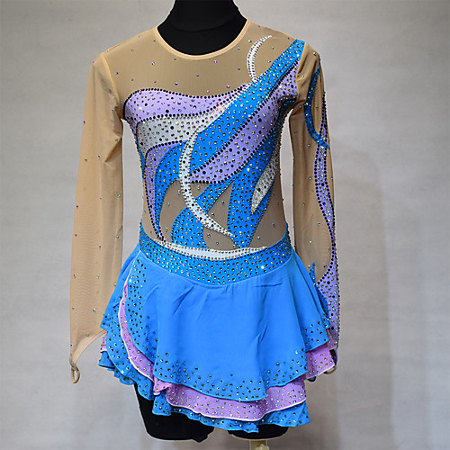 

Figure Skating Dress Women's Girls' Ice Skating Dress Blue Spandex High Elasticity Training Competition Skating Wear Patchwork Crystal / Rhinestone Long Sleeve Ice Skating Winter Sports Figure Skating