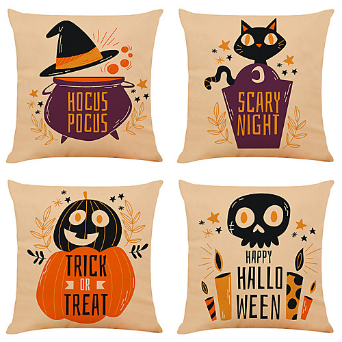 

Set of 4 Funny Halloween Linen Square Decorative Throw Pillow Cases Sofa Cushion Covers 18x18