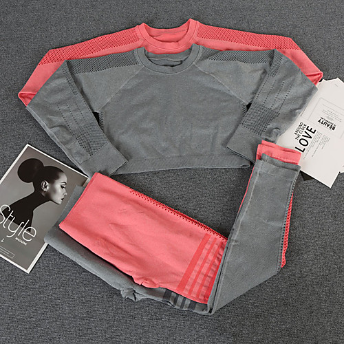 

Women's 2pcs Yoga Suit Winter Seamless Stripes Red Gray Spandex Yoga Fitness Gym Workout Tights Crop Top Long Sleeve Sport Activewear Tummy Control Butt Lift Breathable Quick Dry Moisture Wicking