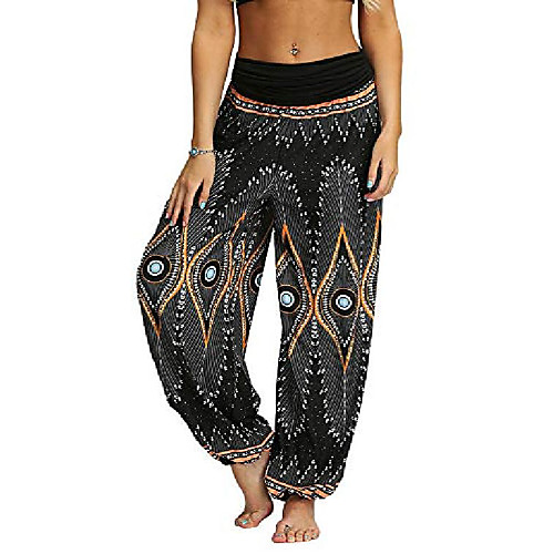 

women elastic waist harem hippie boho print yoga casual loose leggings pants,m black peacock