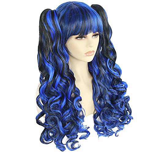 

blue ombre black wig long curly cosplay wig with 2 ponytails