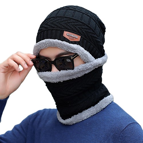 

Men's Hiking Cap Beanie Hat 1 set Winter Outdoor Windproof Warm Soft Thick Neck Gaiter Neck Tube Skull Cap Beanie Solid Color Woolen Cloth Long black with light gray hair Long version of navy blue
