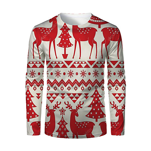 

Men's T shirt 3D Print Graphic 3D Animal Print Long Sleeve Christmas Tops Red
