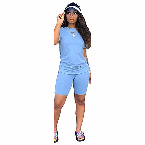 

women's 2 piece outfit - casual solid color t-shirts workout tracksuit bodycon pants suit set jumpsuit rompers (blue, m)