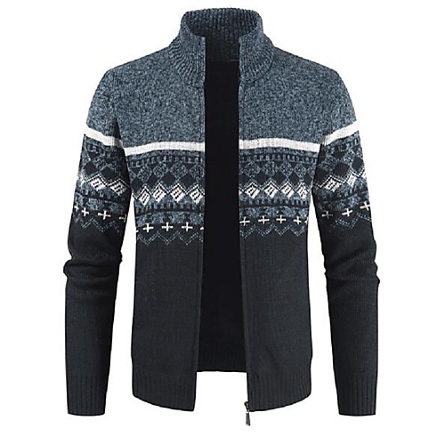 

Men's Argyle Cardigan Long Sleeve Sweater Cardigans Stand Collar Winter Wine Light gray Dark Gray