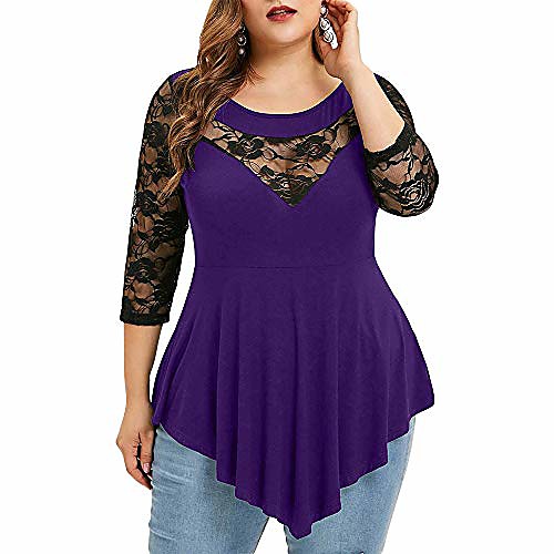 

women plus size peplum blouse lace sheer t-shirts three quarter sleeves tee tops purple 5xl