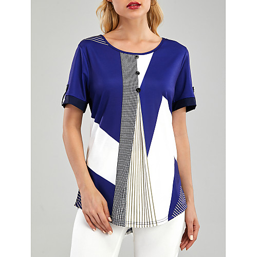

Women's Going out Blouse Shirt Color Block Button Print Round Neck Tops Basic Basic Top Blue