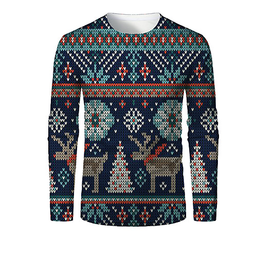 

Men's T shirt 3D Print Plaid Graphic 3D Print Long Sleeve Christmas Tops Navy Blue