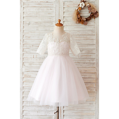 

Ball Gown Knee Length Wedding / Birthday Flower Girl Dresses - Lace / Tulle Half Sleeve Jewel Neck with Buttons