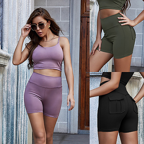 

Women's High Waist Yoga Shorts Pocket Shorts Bottoms Tummy Control Butt Lift Breathable Black Purple Army Green Spandex Yoga Fitness Gym Workout Sports Activewear Stretchy / Quick Dry