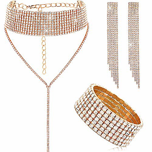 

women crystal jewelry set bridal wedding rhinestone choker bracelet dangle earrings (gold)