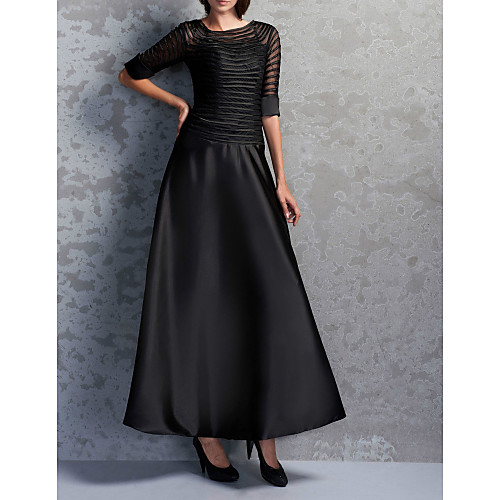 

A-Line Mother of the Bride Dress Elegant Jewel Neck Ankle Length Satin Tulle Half Sleeve with Ruching 2021