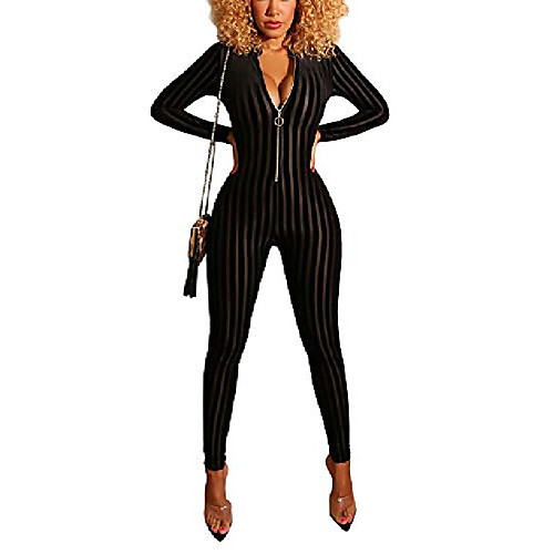 

women's jumpsuits long sleeve sexy velvet stripe zip up v neck reversible high waist bodycon skinny long pants one piece jumpsuit romper playsuit clubwear tracksuit black, medium