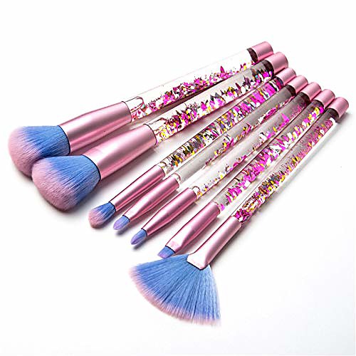 

makeup brushes, 7pcs glitter quicksand handle makeup brush set for foundation powder blush eyeshadow with case beautiful pink purple cosmetic brushes (blue)