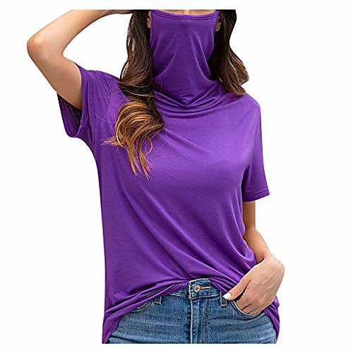 

casual loose round neck short sleeve face mask top blouse t-shirt(purple,s)