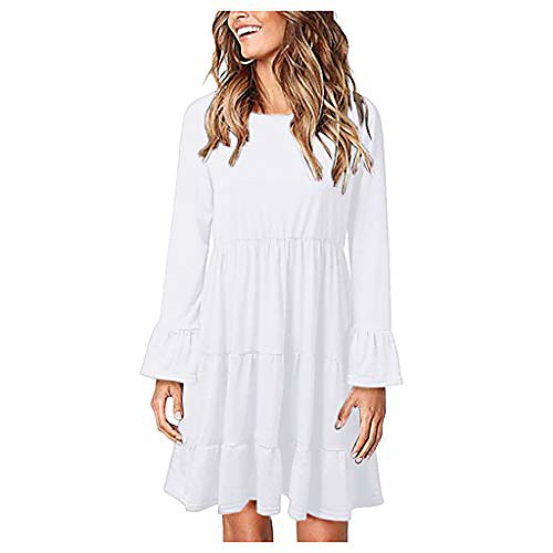 

women's round neck long sleeve pleated waist casual princess dress (white, s)
