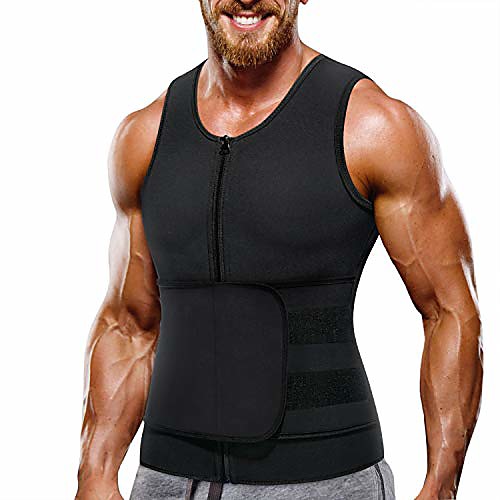 

neoprene sauna suit for men waist trainer vest zipper body shaper with adjustable belt tank top (black, large)