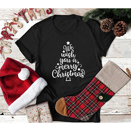 

Women's Christmas T shirt Graphic Letter Print Round Neck Tops 100% Cotton Basic Christmas Basic Top Black Red