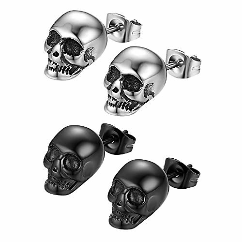

1-2 pairs stainless steel gothic skull stud earrings for men women halloween cosplay,hypoallergenic,silver,black (silver & black)