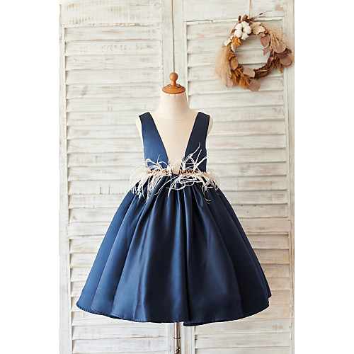 

Ball Gown Knee Length Wedding / Birthday Flower Girl Dresses - Satin Sleeveless V Neck with Feathers / Fur / Beading