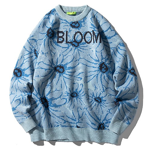 

Men's Floral Pullover Long Sleeve Sweater Cardigans Crew Neck Fall Winter Blue Purple