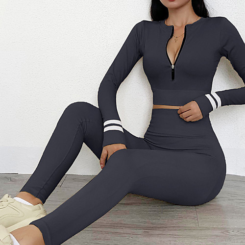 

Women's 2pcs Yoga Suit Winter Seamless Front Zipper Stripes Dark Grey Khaki Brown Nylon Yoga Fitness Gym Workout Cropped Leggings Crop Top Sport Activewear Tummy Control Butt Lift Breathable Quick Dry