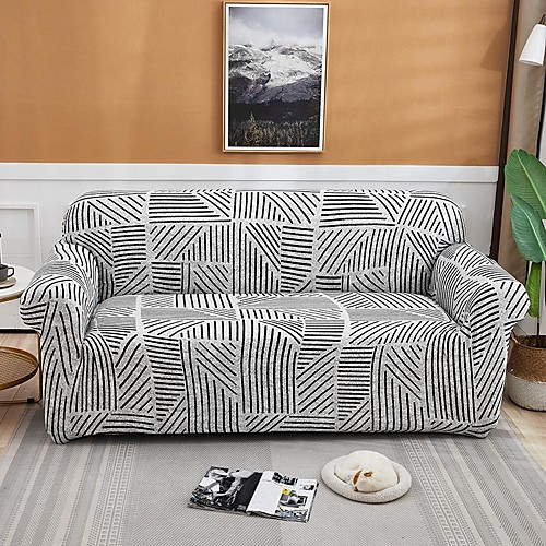 

Line Print 1-Piece Sofa Cover Couch Cover Furniture Protector Soft Stretch Sofa Slipcover Spandex Jacquard Fabric Super Fit for 1~4 Cushion Couch and L Shape Sofa,Easy to Install(1 Free Cushion Cover)