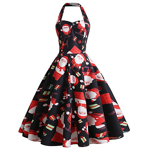 

Women's Swing Dress Midi Dress White Black Red Yellow Wine Green Sleeveless Print Backless Patchwork Fall Halter Neck Elegant Vintage Christmas 2021 S M L XL XXL