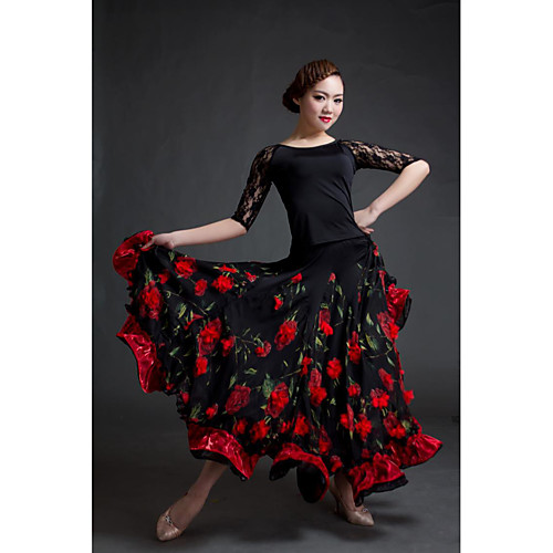 

Women's Dancer Ballroom Dance Party Costume Cosplay Exotic Dancewear Chiffon Spandex Black / Red Skirts Top