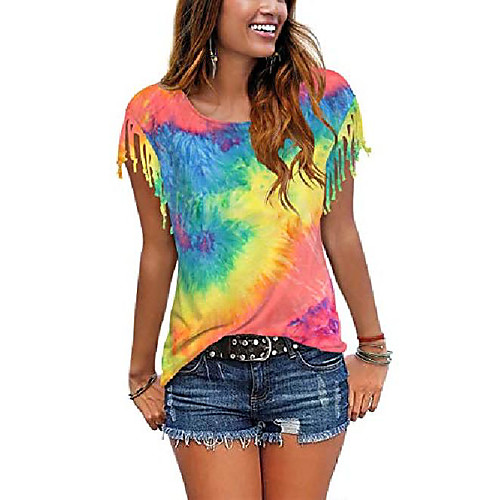 

women's tassel short sleeve round neck t-shirt top casual summer tee