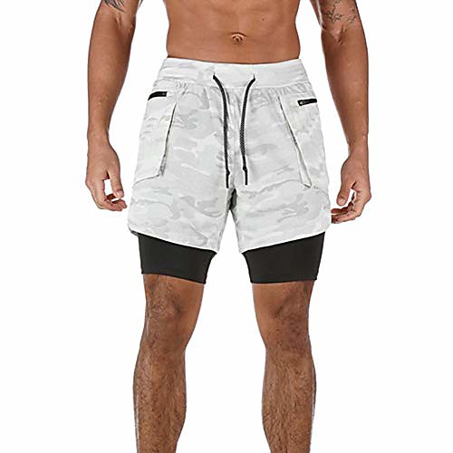 

mens athletic outdoor 2 in 1 workout running shorts sport quick drypants with pocket & #40;grayish white double layers, m& #41;