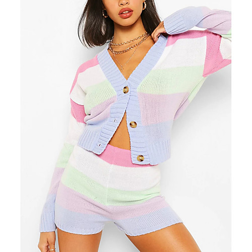 

Women's Streetwear Striped Color Block Two Piece Set V Neck Sweater Shorts Patchwork Tops / Slim