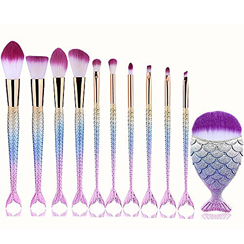 

makeup brush set, 10 pcs mermaid brush light color premium synthetic silver foundation blending blush face powder brush makeup brush kit (multicolor)