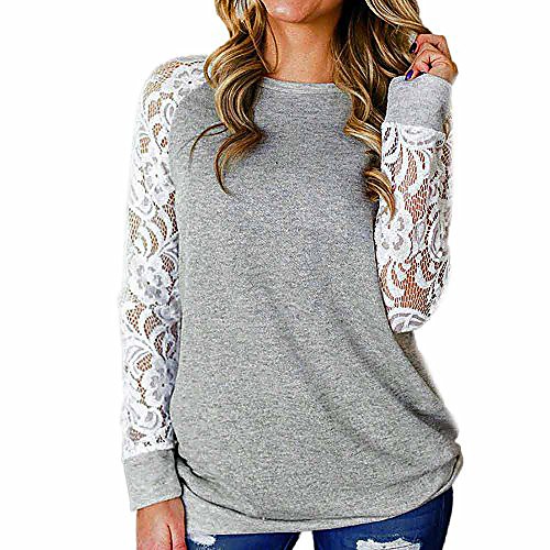 

women's lace patchwork long sleeve top casual solid color cotton blouse round neck t-shirt (l, gray)