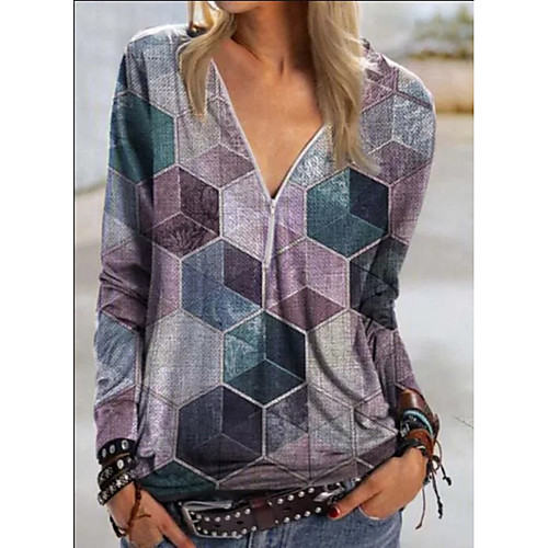 

Women's Tunic Color Block Long Sleeve Patchwork Quarter Zip Print V Neck Tops Basic Basic Top Blue Purple Red