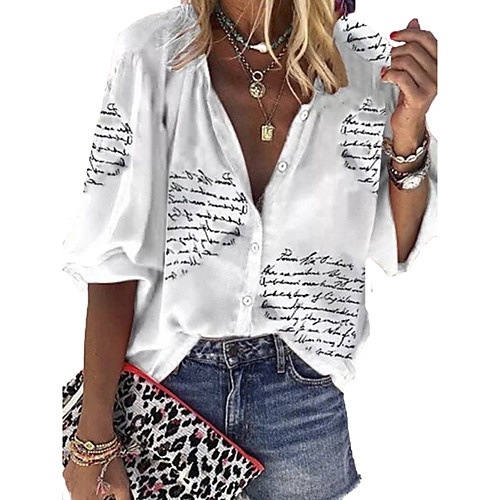 

Women's Blouse Shirt Letter Long Sleeve V Neck Tops Basic Top White