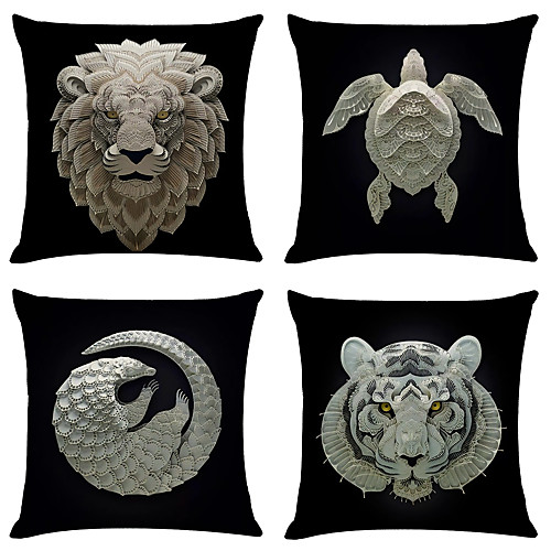 

Set of 4 Paper Cut Animals Linen Square Decorative Throw Pillow Cases Sofa Cushion Covers 18x18