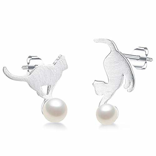 

1 pair 925 silver hypoallergenic stud earring cute cat playing ball shape asymmetry ear studs jewellery for girls gift