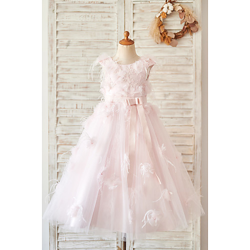 

Ball Gown Tea Length Wedding / Birthday Flower Girl Dresses - Satin / Tulle Sleeveless Jewel Neck with Feathers / Fur / Lace / Belt