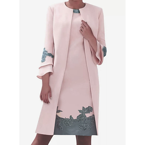 

Sheath / Column Mother of the Bride Dress Elegant Jewel Neck Knee Length Satin Long Sleeve with Embroidery 2021