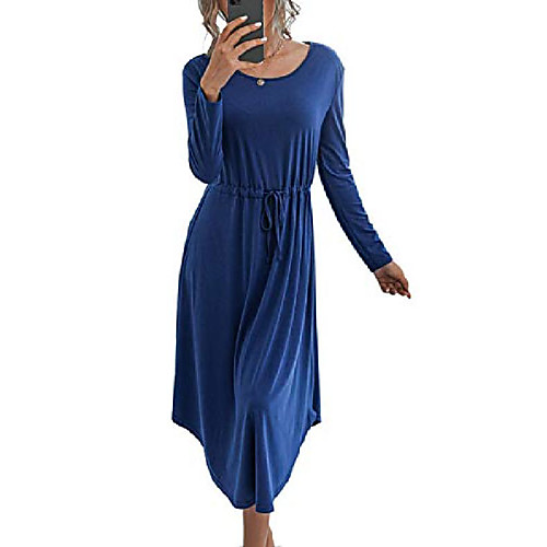 

women's dresses casual crewneck long sleeve drawstring waist asymmetrical hem skater midi dress blue s