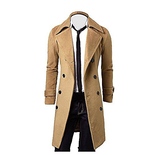 

men trench coat blend double breasted winter classic long pea coat plus size slim long sleeve outwear khaki