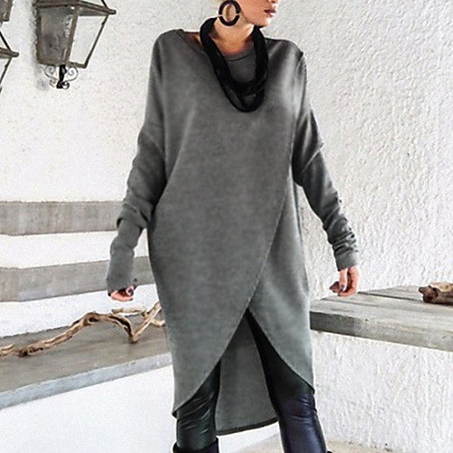 

Women's Solid Colored Pullover Sweater Dress Long Sleeve Oversized Sweater Cardigans Round Neck Dark Gray