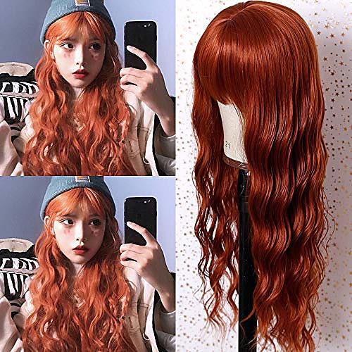 

synthetic full wigs natural looking wave cosplay costume wig heat resistant fiber for women 24 inches orange natural curl wave for daily party(without bangs)