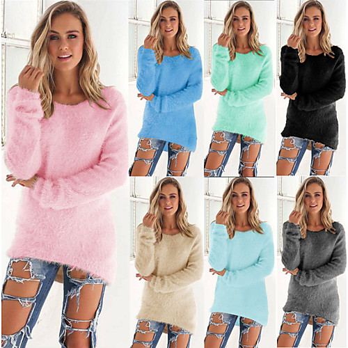 

Women's Knitted Solid Color Plain Pullover Long Sleeve Plus Size Sweater Cardigans Crew Neck Fall Winter White Black Blue