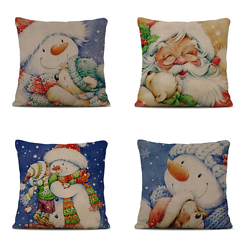 

Set of 4 Linen Pillow Cover Cartoon Traditional Christmas Throw Christmas Snowman Santa Claus Pillow 4545cm