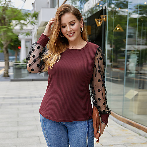

Women's Plus Size Blouse Shirt Polka Dot Long Sleeve Mesh Patchwork Print Round Neck Tops Basic Top Black Wine
